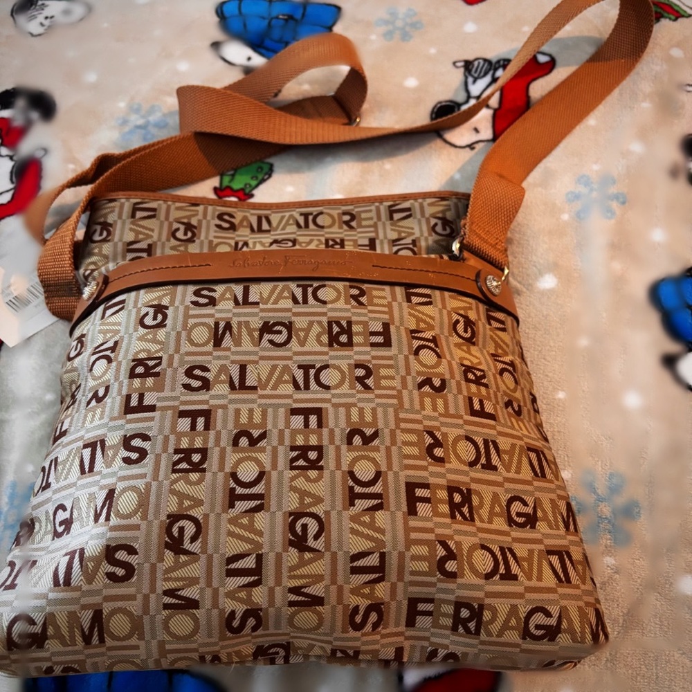 Salvatore Ferragamo Tan and Brown Logo Cross Body